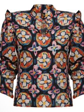 Bold Floral Graphic Puff-Sleeve Top in Black and Multicolor